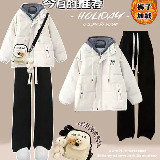 FHHUABD冬季女装全套小个子可爱加绒加厚包包套装女学生韩版宽松面包 牛仔裤 1396# S  建议80-95斤