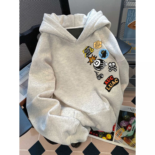 灿图美式潮牌印花重磅连帽衫卫衣男秋冬季加绒潮流情侣外套休闲上衣服 白灰色【常规款】 L