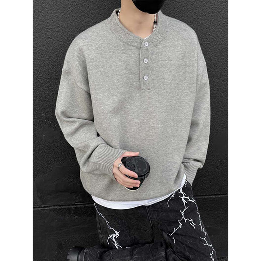 QuMile American Henry collar sweater for men in spring and autumn, loose, high-end, lazy style bottoming sweater, cleanfit inner layer, light gray XL