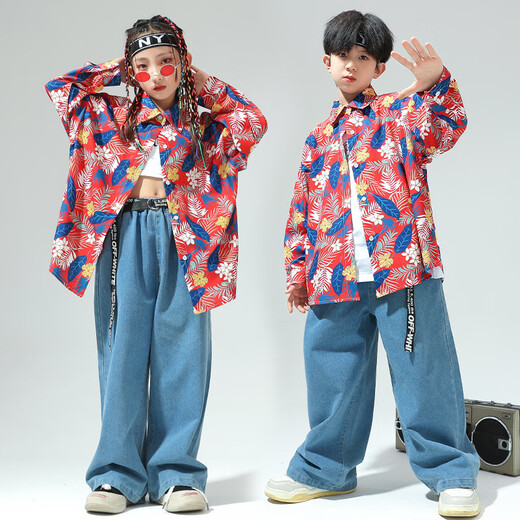 Kamiban Children's Street Dance Anzug Trendige Kleidung für Jungen und Mädchen Hip-Hop-Jeansanzug für Kinder Retro Hong Kong Style Hemd Performance Kostüm 258 Blau Langarm