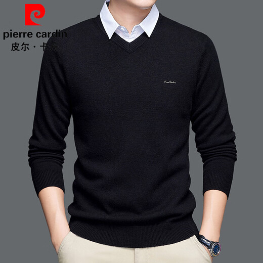 Pierre Cardin cardigan men's 100% wool fake two-piece sweater autumn and winter thick bottoming shirt warm shirt collar sweater for men light khaki M (170)