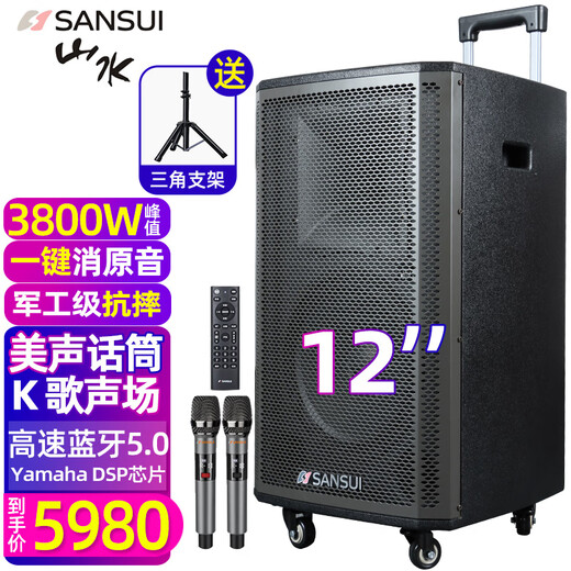 SANSUI L12 outdoor professional karaoke singing performance square dance audio mobile trolley Bluetooth speaker portable subwoofer high-power conference training indoor and outdoor 8 inches 15 inches L15pro + dual microphones + free audio bracket