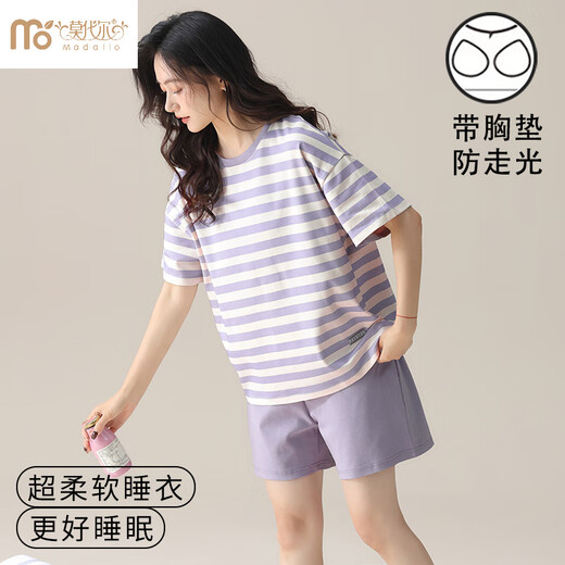Yalu Breast Pad Integrierte Pyjamas für Frauen für sommer gestreifte Shorts-Shorts Anzug für Mädchen im Schlafsaalkleidung für Sommermodalanzug [mit Brustpolster] W12611 M Frauen empfohlen 80-100jin [Jin gleich 0,5 kg]