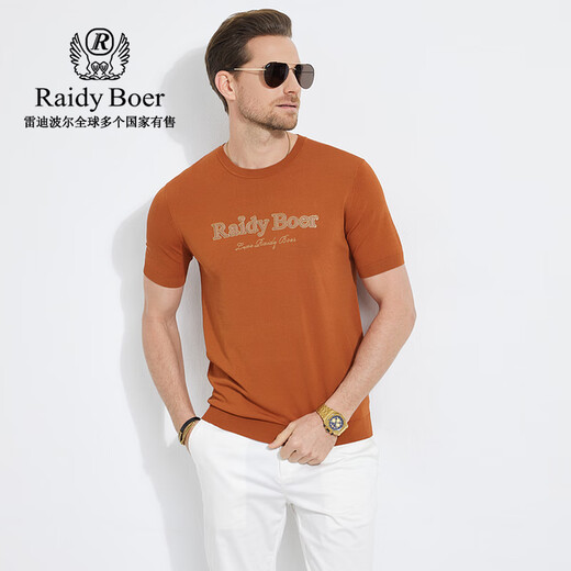 Raidy Boer/雷迪波尔【针织弹力】夏季男装3D立体胶印短袖T恤7003 咖啡 175/50/L