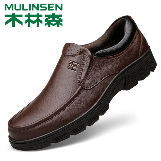 木林森（MULINSEN）皮鞋男真皮头层牛皮秋冬季中年爸爸鞋商务休闲鞋软底一脚蹬中年人 DY-CS1502棕色系带加绒 39