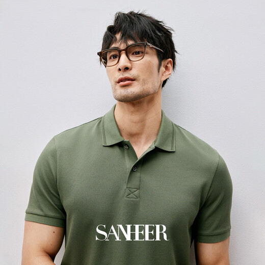 SANHEER Sommer Business Gentleman Maulbeerseide langstapeliger Baumwoll-Piqué-Stoff bequemes Herren-Revers-Kurzarm-T-Shirt DAT844 Moosgrün 48/M