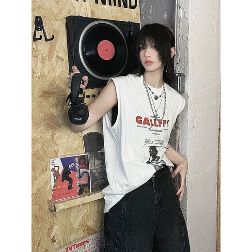 POUM美式高街坎肩背心男夏季字母印花重磅无袖t恤宽松纯棉hiphop上衣 YSXS-B1105白色 L