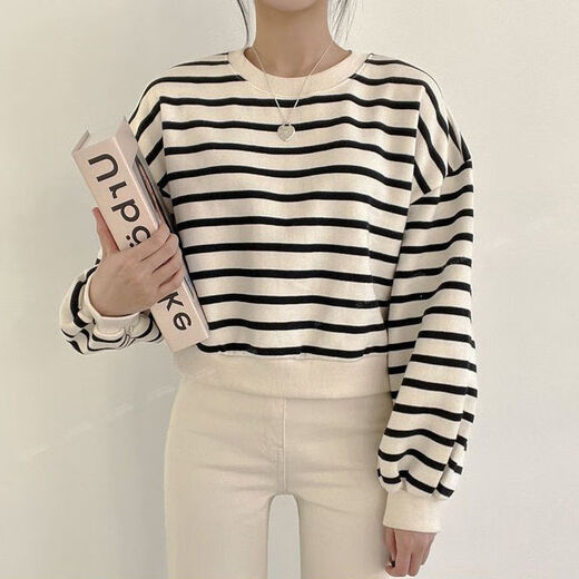 Lpox gestreiftes Sweatshirt für Frauen 2025 Neue Herbst- und Winterstraße koreanischer Stil Lose Ins Style Thin Casual Top mit Velvet 9923 Sweatshirt Black Dünn S 65-80Jin [Jin gleich 0,5 kg]