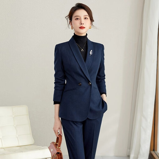 ROMON high-end professional suit, thickened formal suit, winter professional suit, fashionable commuting suit for women, navy blue suit jacket + trousers XL