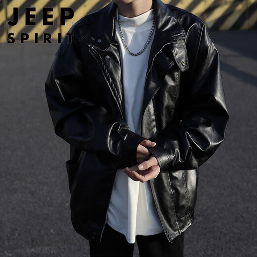 JEEP SPIRIT美式复古机车皮衣外套男春秋季新款街头痞帅ins潮高级感皮夹克 W9227黑色 M