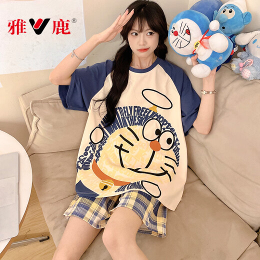 Yalu pijama para mujeres algodón puro de algodón puro pantalones cortos de manga corta dibujos animados delgados de tamaño grande 200 jin [Jin equivale a 0.5 kg] juego de ropa para el hogar para mujeres de verano WB 1343 m tamaño pequeño (80-100 Jin [Jin iguala 0.5 kg])