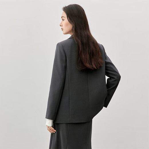 Shandubila 2025 Spring and Autumn Blazer Feminine Commuting One-Button Metal Label Fake Pocket Suit Dark Gray M