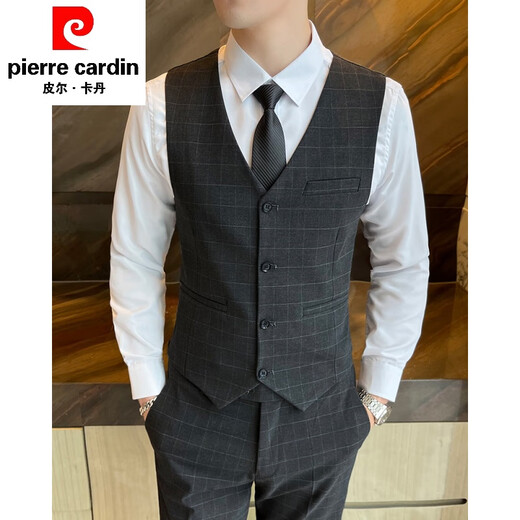 Pier Cardin Plaid Traje Juego de bodas Masculino Masino Vestido del novio del novio Slim Style Corean Casual Chaqueta Oficial Gris [traje + chaleco + pantalones + camisa] Regalo XL