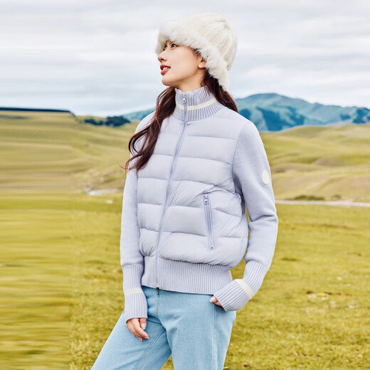 雪中飞秋冬新款女士轻薄羽绒服拼接针织设计女士短款百搭时尚鸭绒羽绒服 清露紫|6195 160/84A