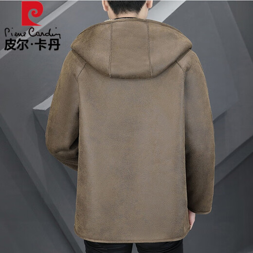 Pierre cardin hooded fur pellet lamb velvet composite fur one-piece coat for men thickened two sides wearing imitation sheep velvet leather jacket camel color (wrapped on both sides) 3XL 150-170Jin [Jin equals 0.5 kg]