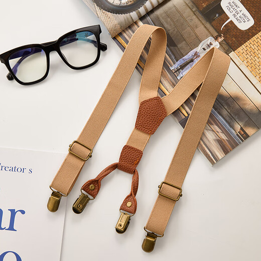 Han Chang retro all-match elastic British elastic non-slip children's suspender clips for boys and girls, adjustable suspenders for large and small children, leather and khaki color, children's four clips