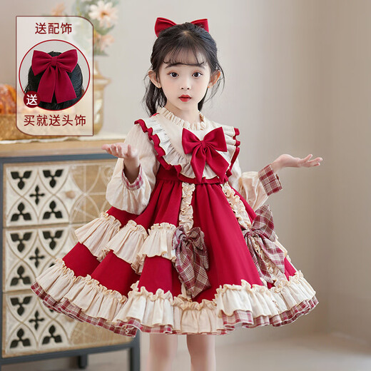 Yunshun Children's Birthday Princess Dress Girls New Autumn Lolita Dress Style Puffy Skirt Stage Performance Costume Red Without Bust 130 cm