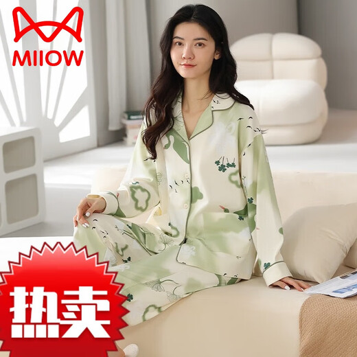 
Cat Man (MiiOW) pajamas for women in spring and autumn pure cotton long sleeve trousers cute cartoon cotton plus size for outdoor wear home clothing set LF9227 M
