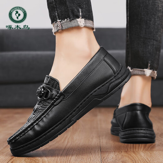 Woodpecker 2025 Herbst und Winter neue Herrenschuhe britische sportliche lässige Bohnenlederschuhe vielseitige Slip-on-faule trendige Herrenschuhe 2629 schwarz 39