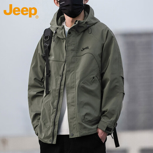 Jeep (JEEP) Jacket Men's Autumn and Winter Assault Jacket Loose Trendy Work Clothes Hooded Windproof Clothes Men's Army Green XL