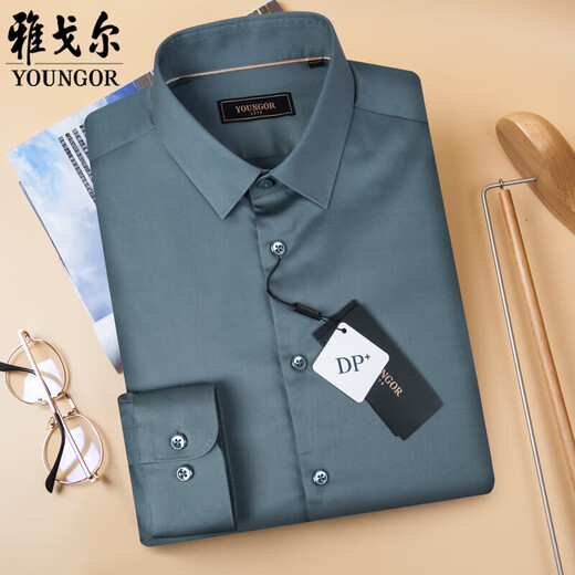 GY雅戈尔长袖衬衫男DP棉质免烫微弹修身墨绿色商务休闲中年男士衬衣墨绿色 38 17084A