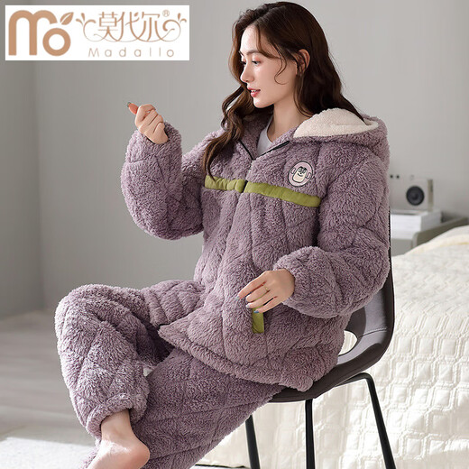 Modal tall coral velvet cotton pajamas for women in winter three-layer thickened velvet home clothes flannel warm set MFB12244 women L