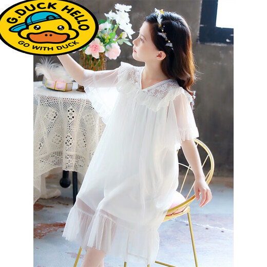 G.duck little yellow duck girls pajamas summer children thin short-sleeved lace modal nightgown little girl palace style parent-child JY1477 white long sleeve 120