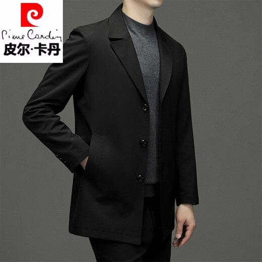 Pierre Cardin 2025 Spring and Autumn New Windbreaker Men's Mid-Length Business Casual Suit Collar Thin Jacket Spring and Autumn Men's Coat Black L Recommended 110-130 Jin Jin equals 0.5 kg
