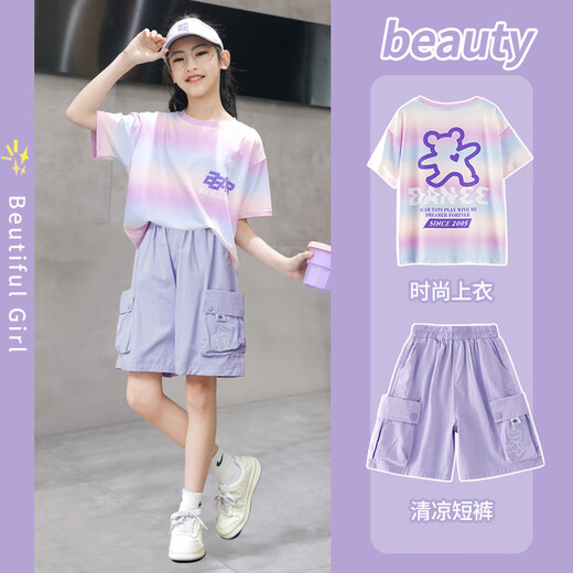 小猪彼特女童短袖套装夏季薄款儿童2025新款速干运动服童装两件套夏装10岁 9922白色+18442紫色 130 cm