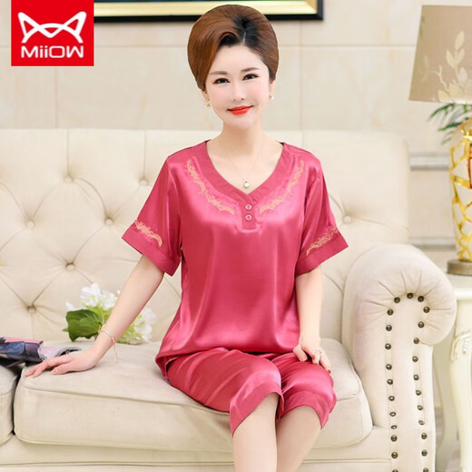 Catman Miiow Pajamas de la madre de mediana edad para mujeres en seda de verano pantalones cortos delgados de manga delgada hielo de la ropa de edad de mediana edad y anciana
