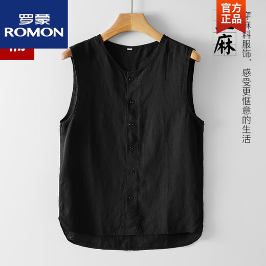 罗蒙（ROMON）夏季复古中国风亚麻背心男士马甲居家中式无袖坎肩大码宽松汗衫薄 黑色 XXS 2XL 【体重160-170斤】
