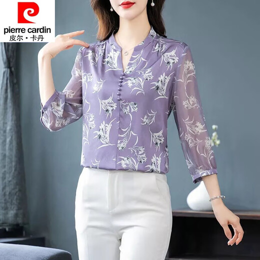 皮尔卡丹（pierre cardin）23年新款真丝衬衫女夏季新款洋气薄款七分袖印花桑蚕丝小衫上衣女 图片色 9227# 2XL 125-135斤