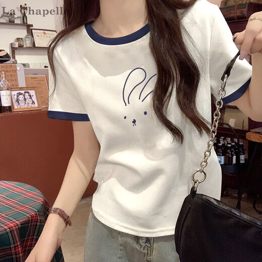 拉夏贝尔（LA CHAPELLE）纯棉正肩夏季2025年新款白色短袖t恤女宽松显瘦减龄百搭撞色上衣 KC693蓝领 L