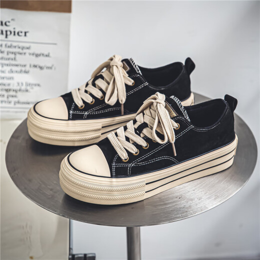 Yuqiao Zapatos de lona de suela gruesa 2025 Zapatos de tablero clásico coreano 1970 Sports de alumno bajo, pareja de deportes informales, bajo negro 42