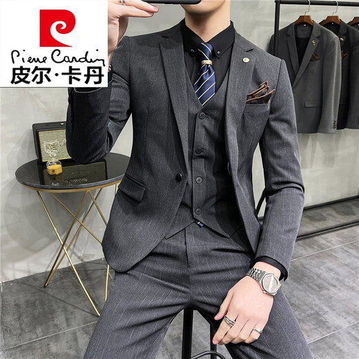 Pierre Cardin Bräutigamanzug Herrenanzug gestreiftes Hochzeitskleid Geschäfte Casual Work Formale Verschleiß Britisch-Strick Jst9905 Schwarzes 2-teiliger Set [Anzug + Hosen] + 56/3xl [145-160jin [Jin gleich 0,5 kg] Verschleiß]