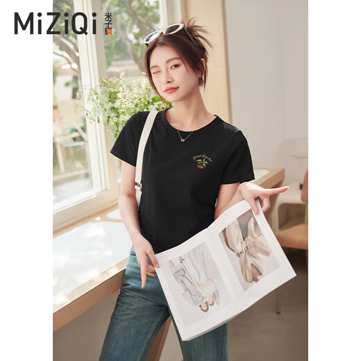 Miziqi 2025 Sommer Neues schlanker gedruckter runder Nacken kurzärmeliges Frauen-T-Shirt-Top lässt Sie schlank aussehen. Aprikose 9742 kleine linke Brust, weiße L/106-115jin [Jin entspricht 0,5 kg]