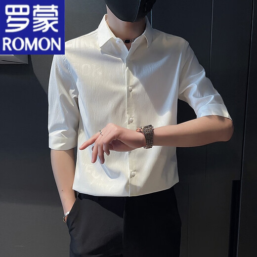 Romon High-Und Ice Silk Shirt Men's Men's Short à manches à manches à manches courtes minces à manches à manches pour hommes Handsome Shirt à manches de cinq points White 2xl