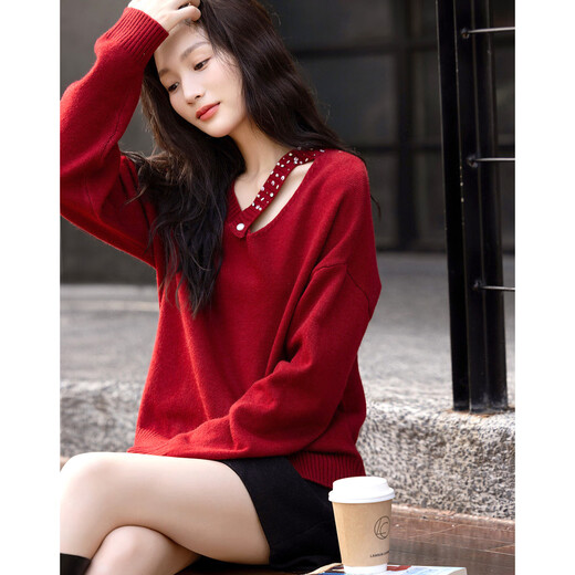 Demana autumn and winter passionate French big sister V-neck sweater temperament beaded sweater women's top Chinese red XL
