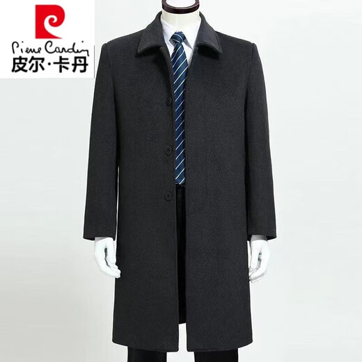 皮尔卡丹商务休闲中年男士羊毛呢外套加厚秋冬款羊 绒大衣长款风衣过膝款 长款大衣(黑色)狐狸毛领 175/建议体重(120-135斤)