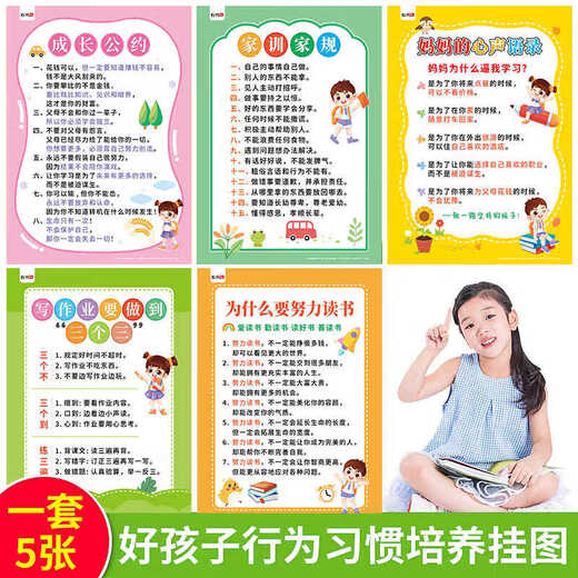 
Shaoze primary school students develop good habits for family rules and regulations, behavioral norms, inspirational growth, family style, boys and girls, complete set of 10 pictures of good family rules and children--Send double-sided glue