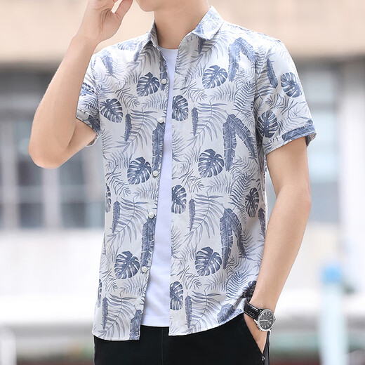 以堡狼夏季薄款外套短袖衬衣休闲男花衬衫帅气青年短袖清凉上衣韩版修身 825蓝色 3XL【推荐140-160斤】
