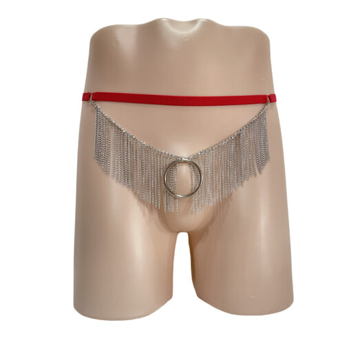 One-waist chain tassel sexy exposed PP men's underwear, pure desire iron ring thong underwear, red 1 piece, one size fits all
