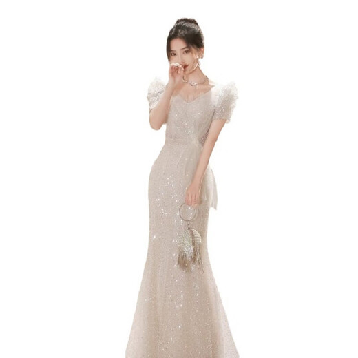 现宝莲鱼尾晚礼服裙女感亮片轻奢小众生日婚纱法式主持宴会气质 米灰色 XXXL