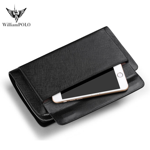 WILLIAMPOLO英皇保罗手包男牛皮双拉链手拿包大容量男士钱包父亲节礼物送爸爸 黑色