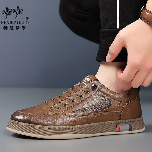 Henipolo sports shoes for men new style cowhide leather men's trendy sneakers for men all-match business casual shoes non-slip low-top men's shoes brown 43 (265mm) leather shoe size