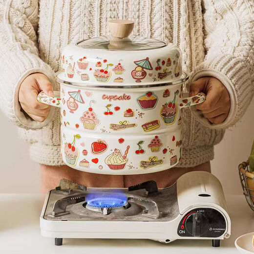 Mincheng's new thickened 24 cm double-layer steamer household enamel soup pot enamel two-layer steamer induction cooker gas stove cake flower double-layer steamer 2 layers 24cm