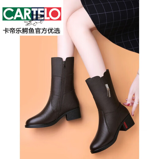 Kartel-Frauenschuhe mittlere Mutterstiefel mittelschweren Stiefeln der Frauen und Samt-Baumwollstiefel 2025 Neue Baumwollschuhe Winter Dicke Lederschuhe echtes Lederbraun (plus Samt) 9716 38