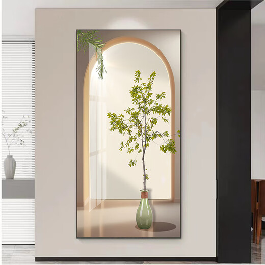 鲸派北欧玄关装饰画绿植走廊过道挂画奶油风客厅入户门竖版壁画晶瓷画 844-1 100*200金框/晶瓷画