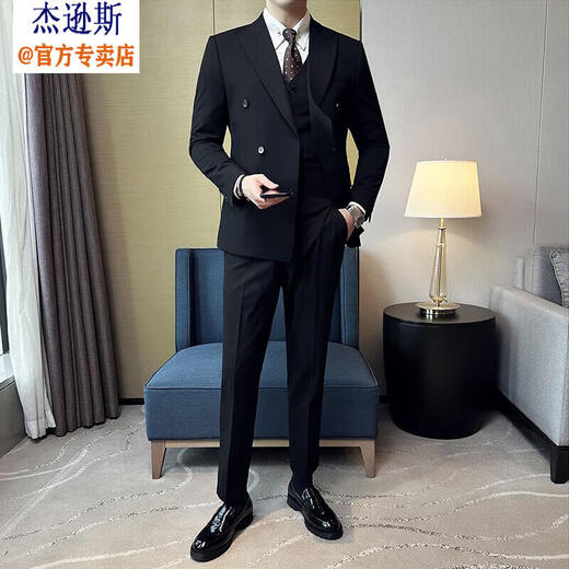 Jason's British business gun lapel double-breasted slim suit suit men's light luxury wedding dress groom's suit three-piece suit 338 black (suit + pants) XL