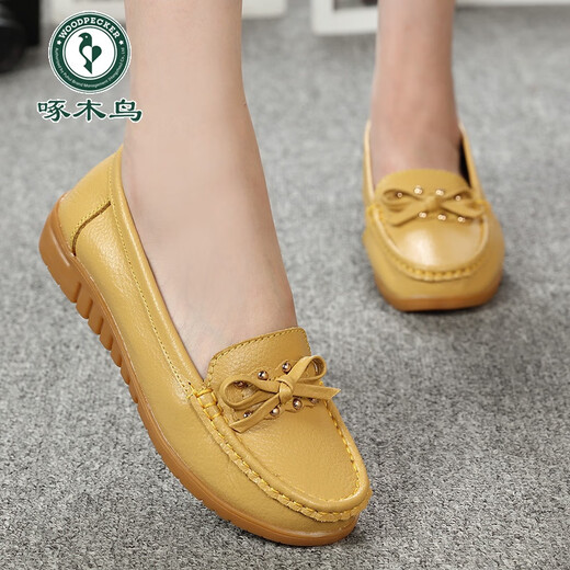 
Woodpecker spring flat shoes for women genuine leather soft sole breathable mother shoes women single shoes beans shoes large size beef tendon sole casual pregnant women shoes 6629 hollow gray 41